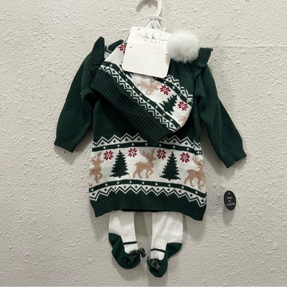 Nicole Miller Baby Girl Knit Christmas Dress set with Tights and Hat NWT 3-6M